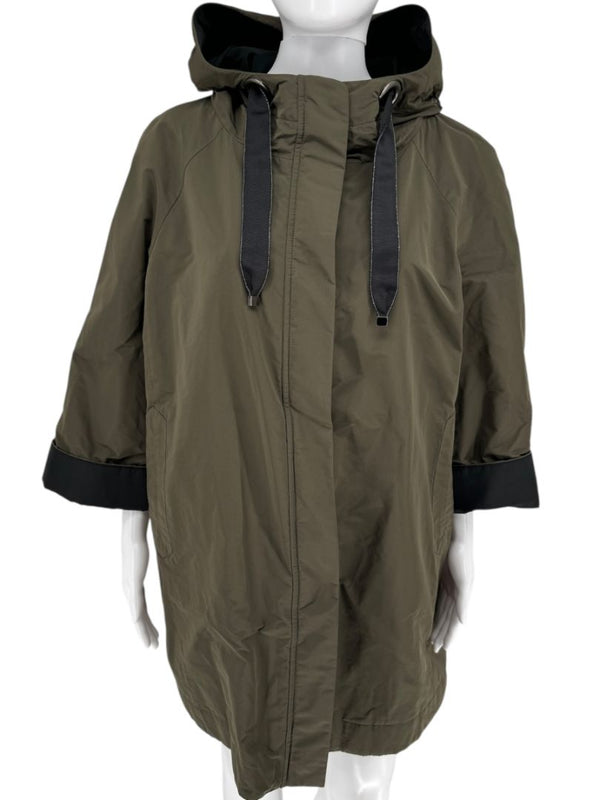 Brunello Cucinelli Olive Nylon Hooded Parka with Monili Trim - Size 10