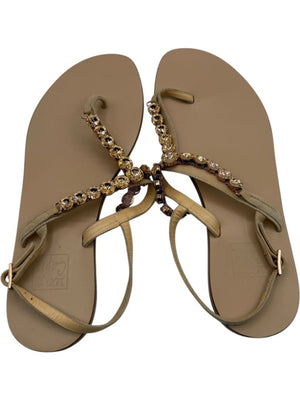 100% Capri Jeweled T-Strap Flat Sandals – Size 39