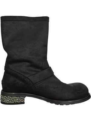 Jimmy Choo Black Suede Buckle Boots with Crystal Heels – Size 39.5