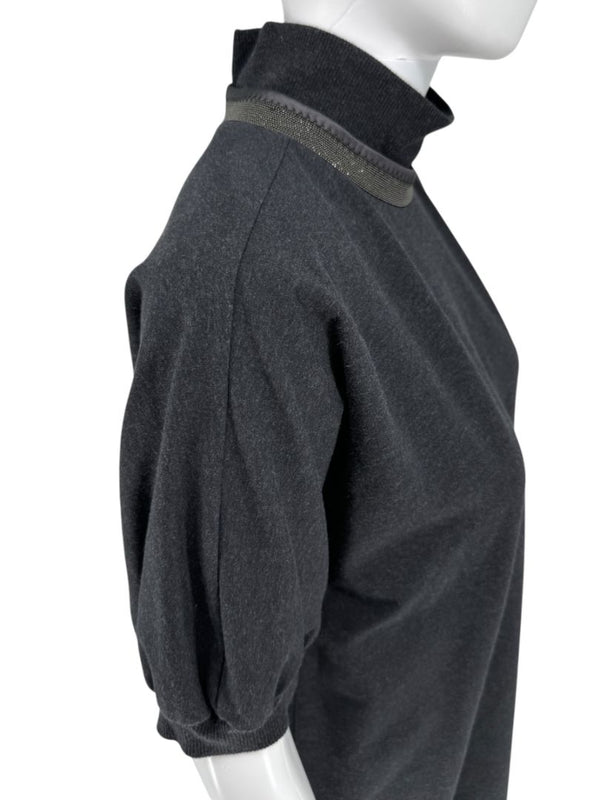 Brunello Cucinelli Charcoal Puff-Sleeve Tunic with Monili Trim – Size Large