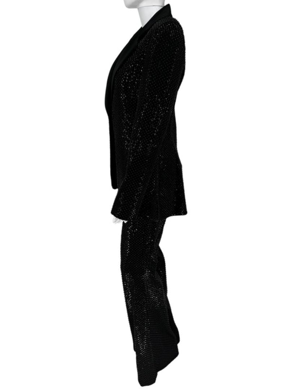 Pamella Roland Black Sequin Beaded Tuxedo Suit – Size 6