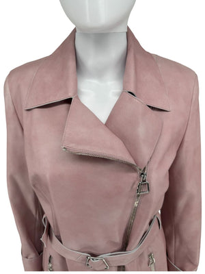 Akris Lamb Nappa Leather Moto Trench in Dusty Rose – Size 8