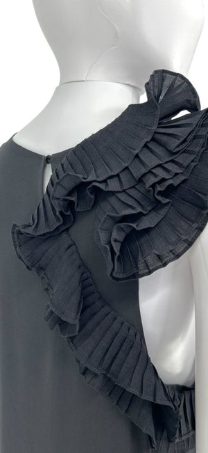 Brunello Cucinelli Black Silk Maxi Dress with Ruffled Shoulder Detail – Size XL