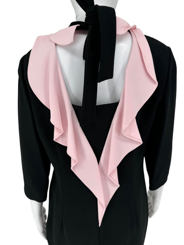 Pamella Roland Black Crepe Shift Dress with Pink Ruffle Back & Neck Tie - Large