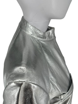 Pamella Roland Silver Metallic Leather Moto Jacket – Size 8