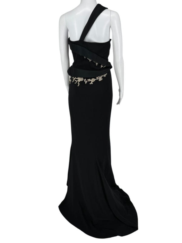 Pamella Roland Black One-Shoulder Gown with Embroidered Gold Appliqué - Large