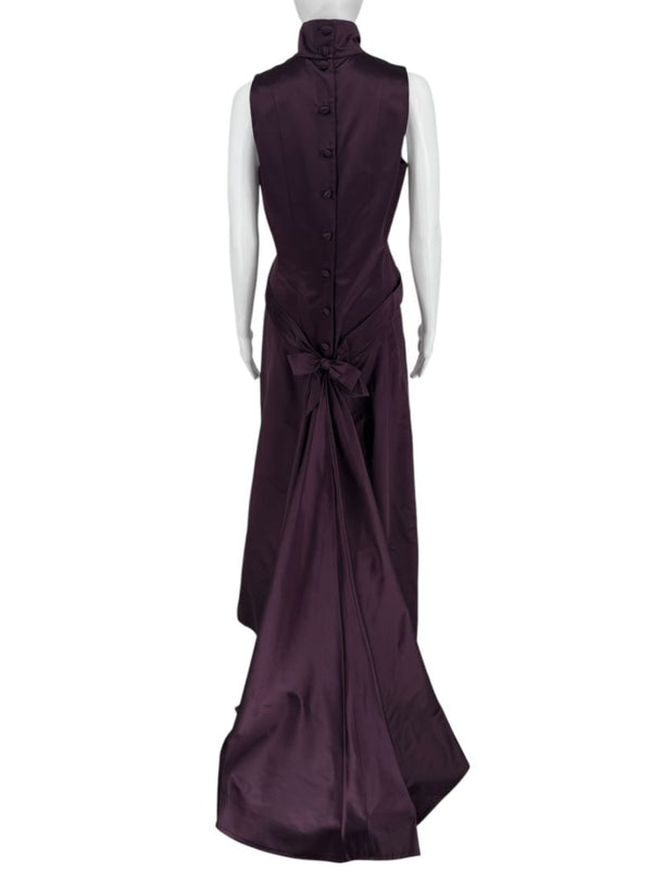 Pamella Roland Plum High Neck Sleeveless Gown with Back Bow Detail – Large