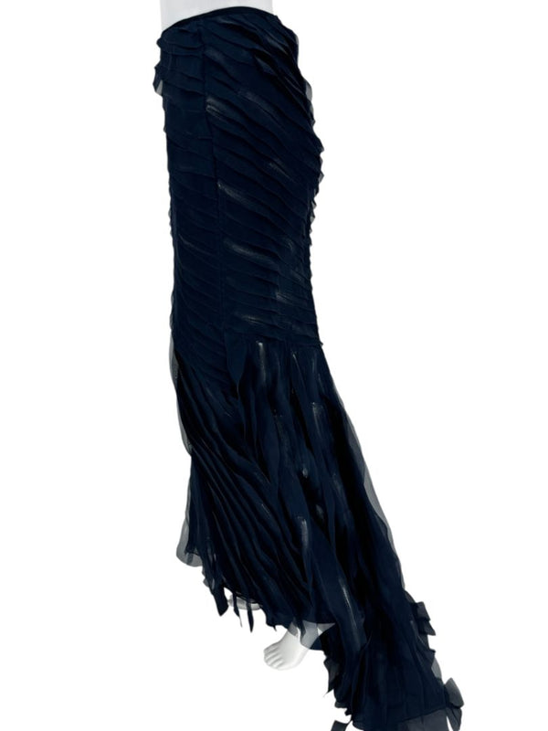 Pamella Roland Navy Textured & Hand Painted Chiffon Tiered Mermaid Skirt –