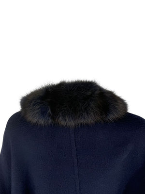 Pamella Roland Navy Cashmere Blend Cape with Genuine Fur Trim - One Size