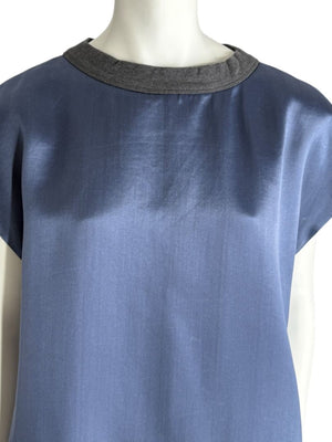 Brunello Cucinelli Navy Silk Shift Dress with Contrast Trim – Size XL- NEW