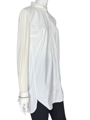 Brunello Cucinelli White Long Sleeve Blouse with Monili Trim Cuffs – Size XL