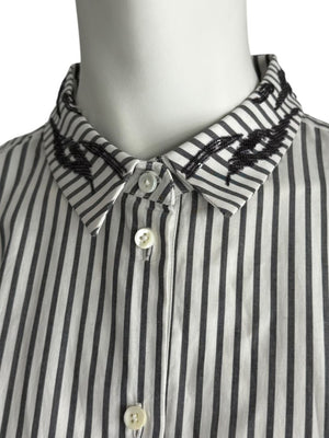 Brunello Cucinelli Gray & White Vertical Stripe Embroidered Collar Shirt – Size XL