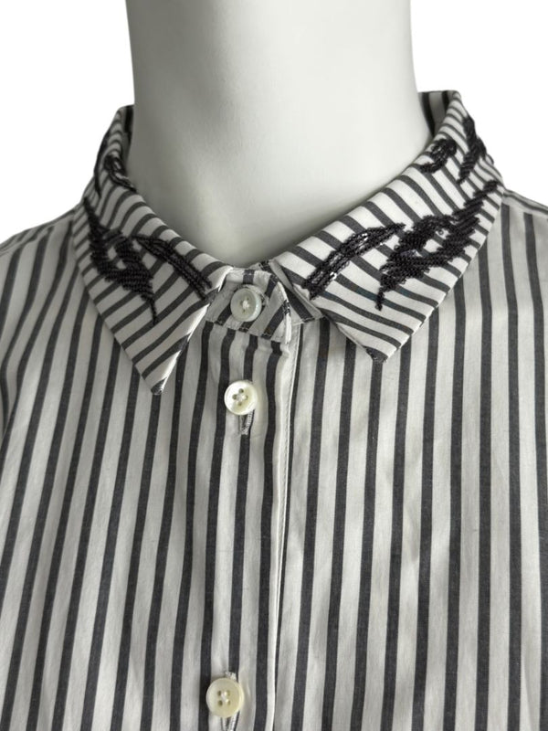 Brunello Cucinelli Gray & White Vertical Stripe Embroidered Collar Shirt – Size XL