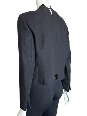 Akris Bergdorf Goodman Linen-Blend Cropped Open Jacket – Black & Navy – Size US 10