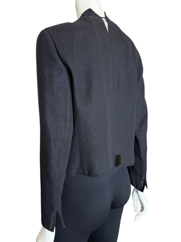 Akris Bergdorf Goodman Linen-Blend Cropped Open Jacket – Black & Navy – Size US 10