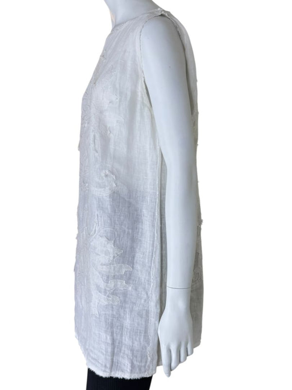 Fendi White Linen Sleeveless Tunic with Textured Floral Appliqué – Size L