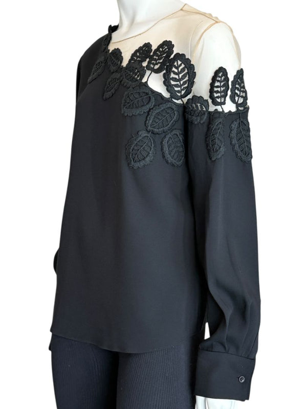 Oscar de la Renta Resort 2019 Black Silk Embroidered Illusion Neck Blouse – Size 8 - NWT
