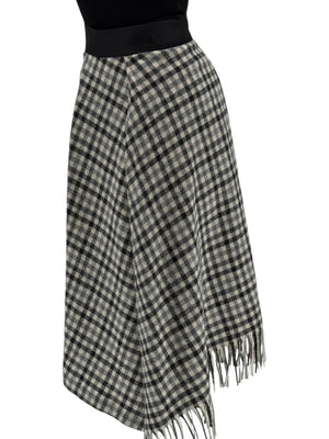 Brunello Cucinelli Black & Ivory Checked Wool Skirt with Fringe Hem – Size IT 44 (US 8)