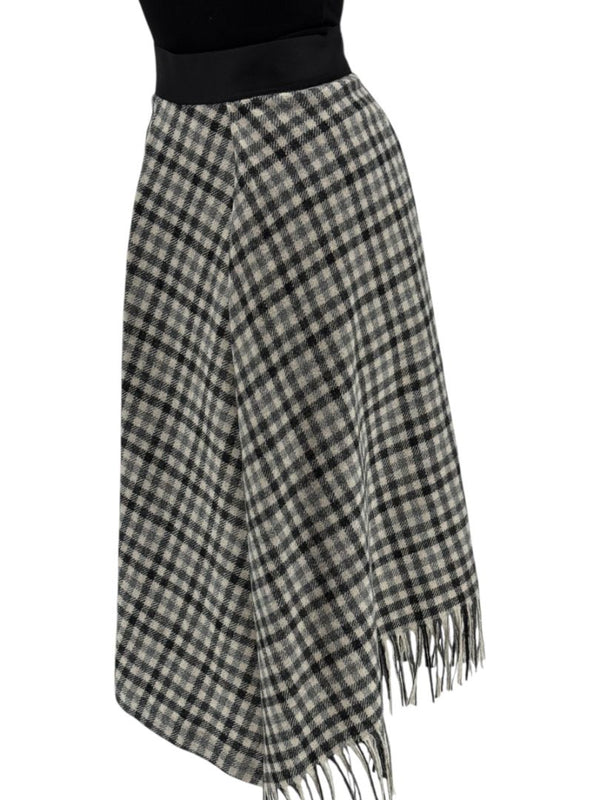 Brunello Cucinelli Black & Ivory Checked Wool Skirt with Fringe Hem – Size IT 44 (US 8)