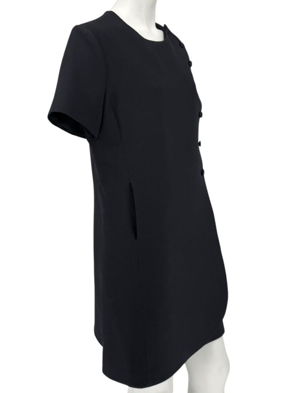 Christian Dior Paris Black Wool-Silk Shift Dress with Asymmetric Button Detail – Size FR 42 (US 10)