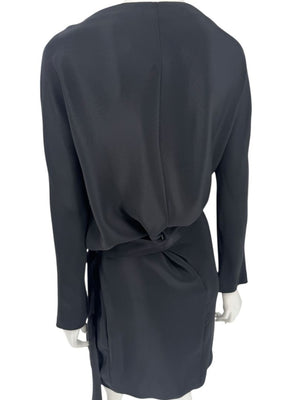 Pamella Roland Black Drape-Front Long Sleeve Belted Mini Dress – Large