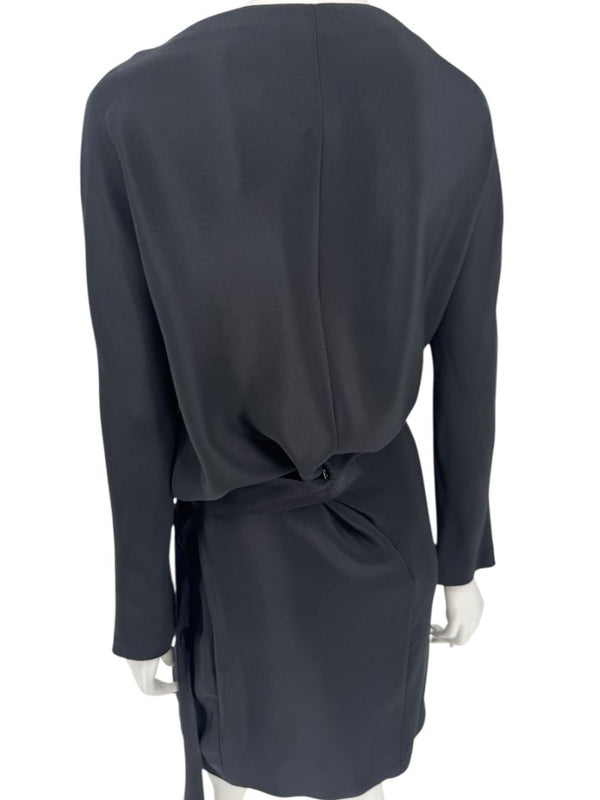 Pamella Roland Black Drape-Front Long Sleeve Belted Mini Dress – Large