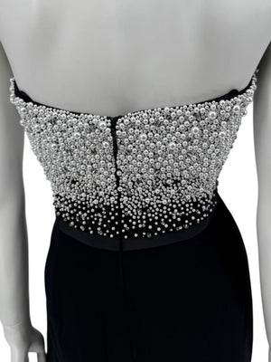 Pamella Roland Black Strapless Gown Silver Pearl Crystal Beaded Bodice Size 8 Evening Dress