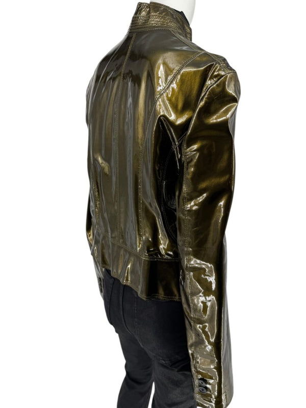 Burberry London Metallic Olive Green Leather Jacket – Size UK 12 / US 10