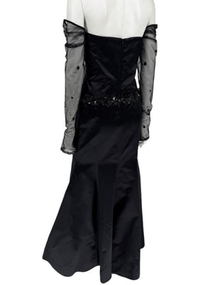 Pamella Roland Black Strapless Evening Dress Embellished Waist Sheer Sleeve Formal Gown - Size 6