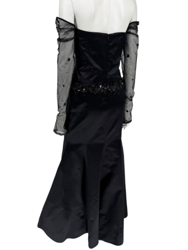 Pamella Roland Black Strapless Evening Dress Embellished Waist Sheer Sleeve Formal Gown - Size 6