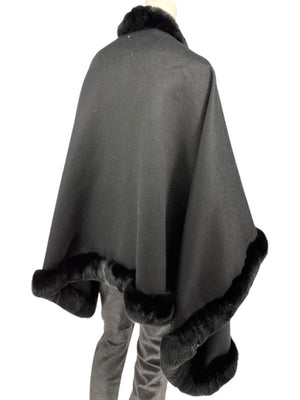 Pamella Roland Black Wool Fur Trim Cape Coat Made in New York – O/S