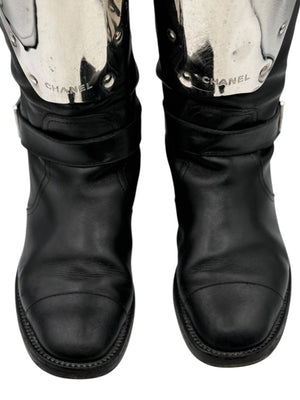 Chanel Black Leather Moto Boots with Silver Armor Plate – Size 40.5