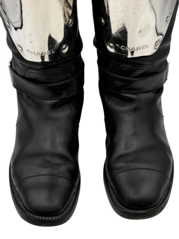 Chanel Black Leather Moto Boots with Silver Armor Plate – Size 40.5
