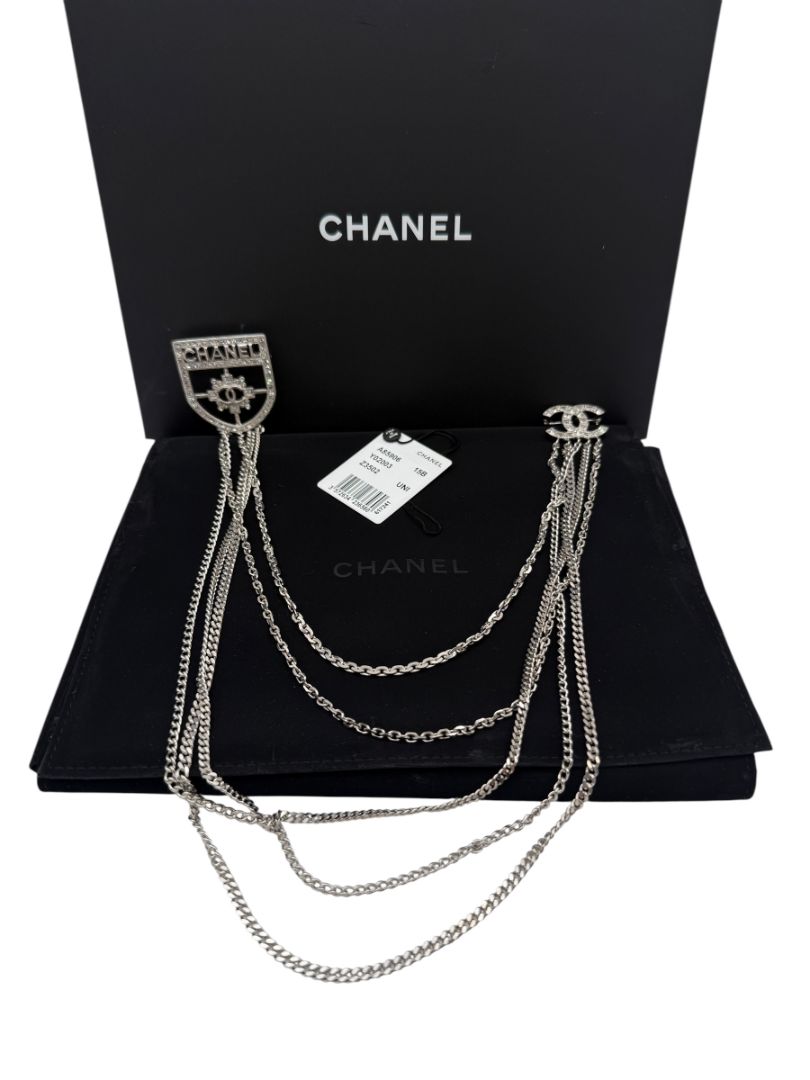 Chanel Baguette Crystal CC Shield Multi-Strand Long Chain Brooch Silver 15B w/ Box, Case & Tag