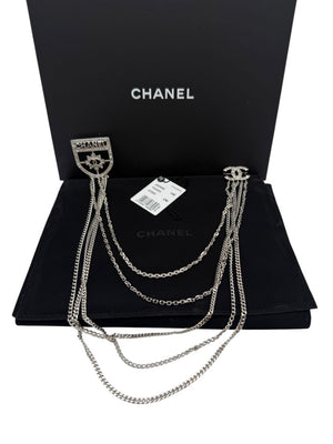 Chanel Baguette Crystal CC Shield Multi-Strand Long Chain Brooch Silver 15B w/ Box, Case & Tag