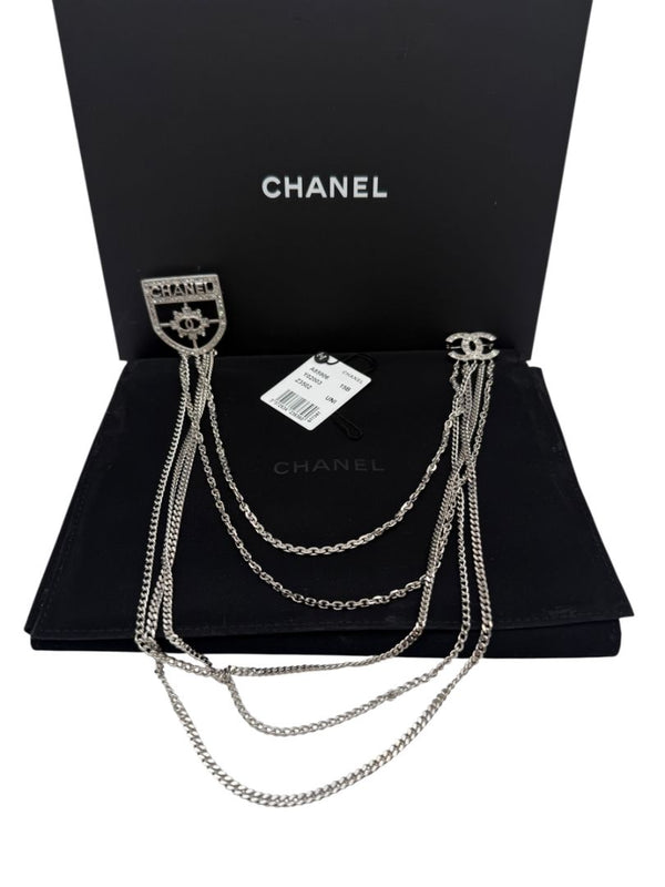 Chanel Baguette Crystal CC Shield Multi-Strand Long Chain Brooch Silver 15B w/ Box, Case & Tag