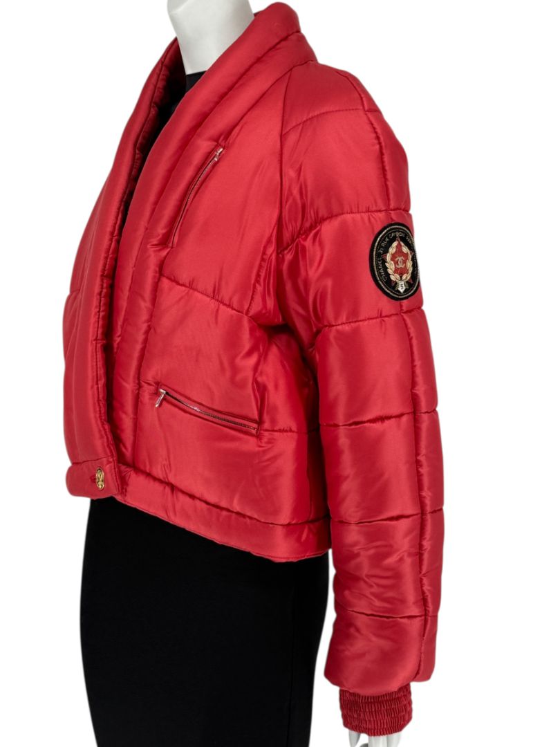 Chanel 2009 Paris Moscow Métiers d’Art Red Silk Puffer Bomber Jacket - Size 44