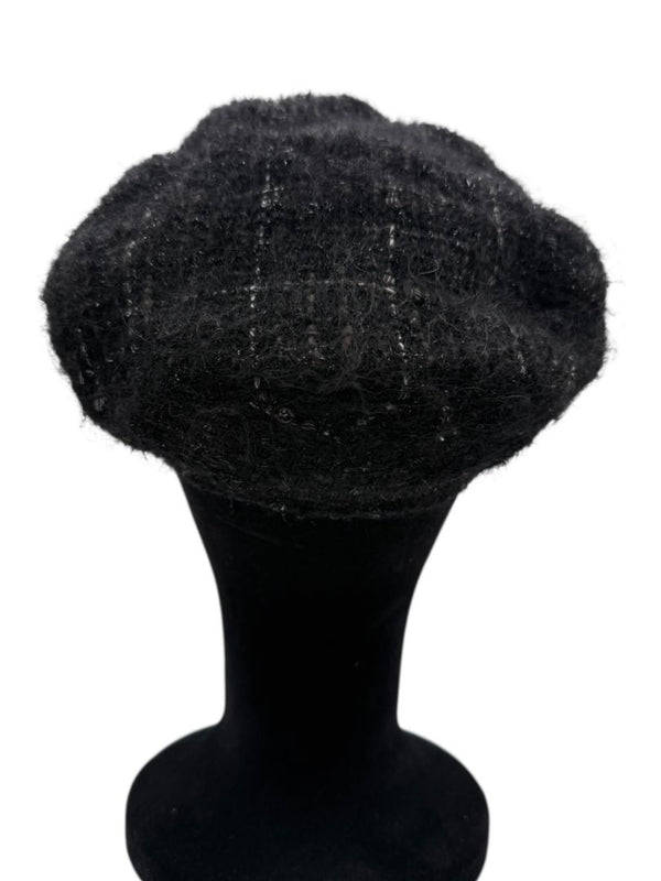 CHANEL Black Tweed Newsboy Cap with Signature Chain Trim