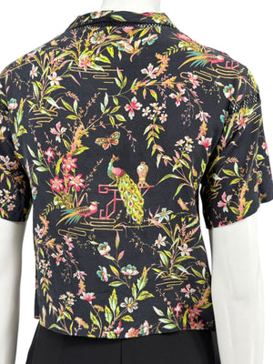 Vivienne Tam Black Floral & Peacock Print Mesh-Trim Top – Size 0