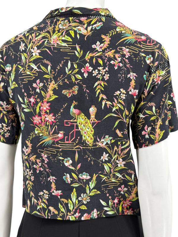 Vivienne Tam Black Floral & Peacock Print Mesh-Trim Top – Size 0