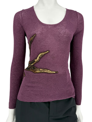 Roberto Cavalli Eggplant Cardigan with Beaded Oversized Sun Accents – Size: S