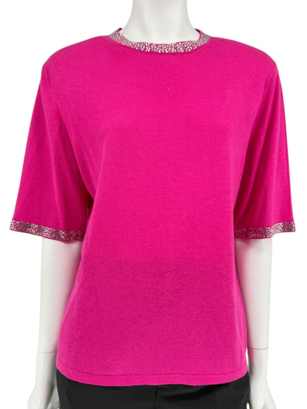 Neiman Marcus Cashmere Collection Fuchsia Embellished Short-Sleeve Sweater – Size XL