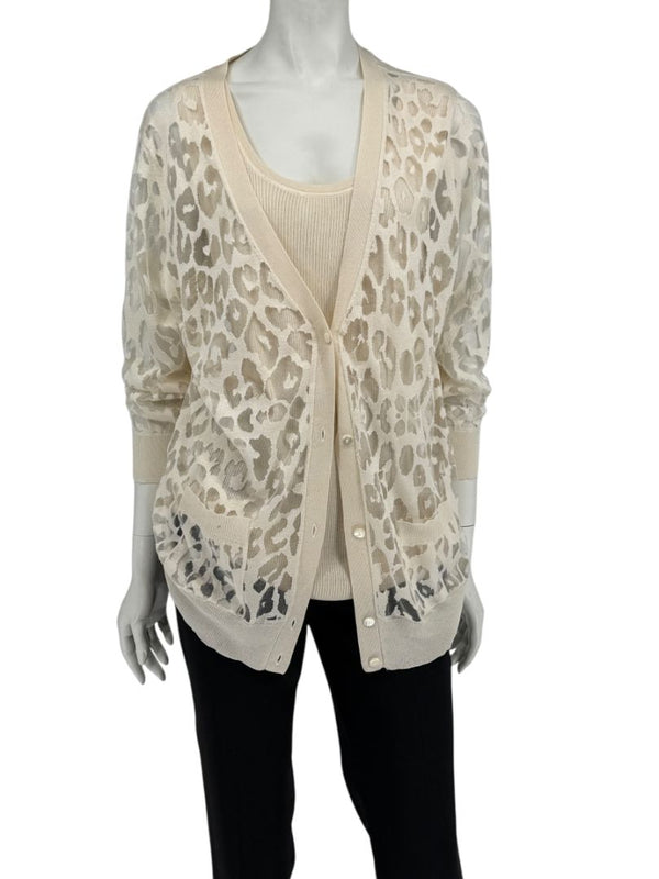 Magaschoni Ribbed Tank & Mesh Leopard Cardigan Twin Set – Size XL