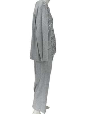 Joan Vass Gray Sequin-Embellished Knit Top & Pant Set – Size XL