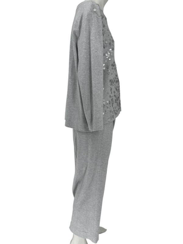 Joan Vass Gray Sequin-Embellished Knit Top & Pant Set – Size XL