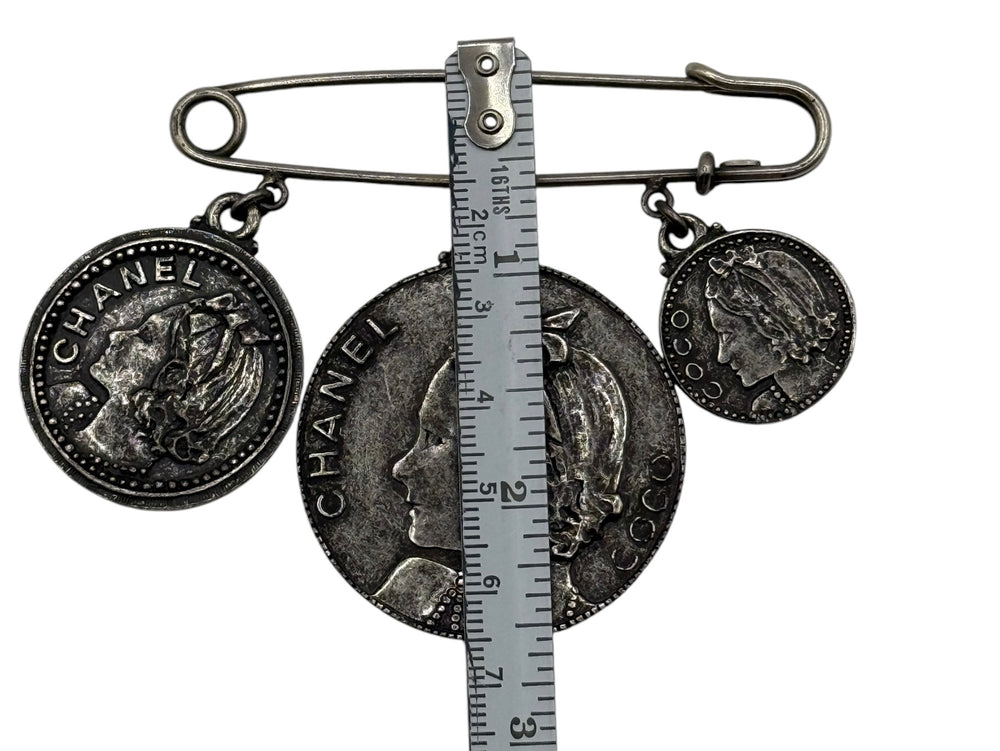Chanel Gunmetal Silver Coin Pin Brooch