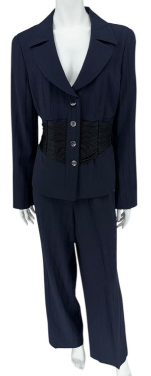 Armani Collezioni Navy Pinstripe Pantsuit with Corset-Style Waist Trim – Size IT 48