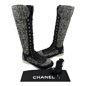 Chanel Tweed & Suede Lace-Up Knee-High Sneakers – Size 40 (EU)