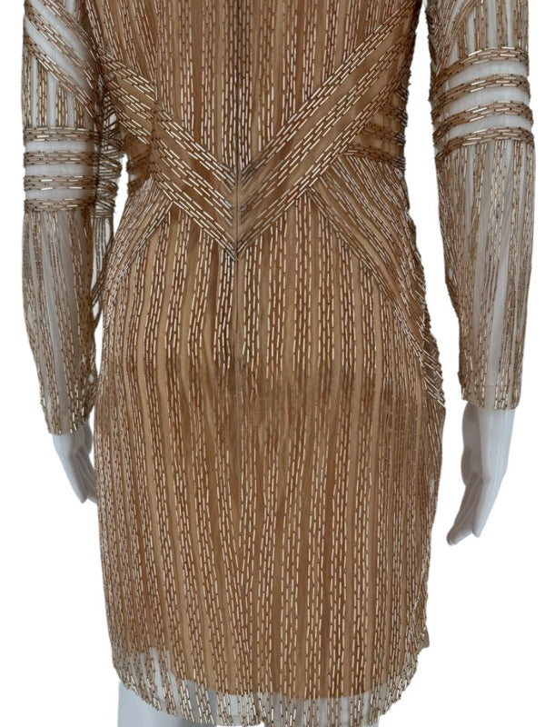 Pamella Roland Gold Beaded Illusion Mesh Evening Dress – Size 4