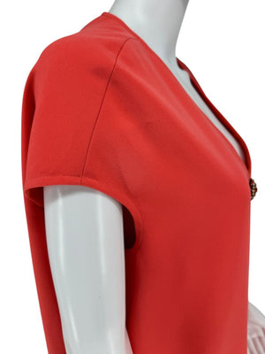 Pamella Roland Sleeveless Shift Dress in Coral with Beaded Brooch Detail